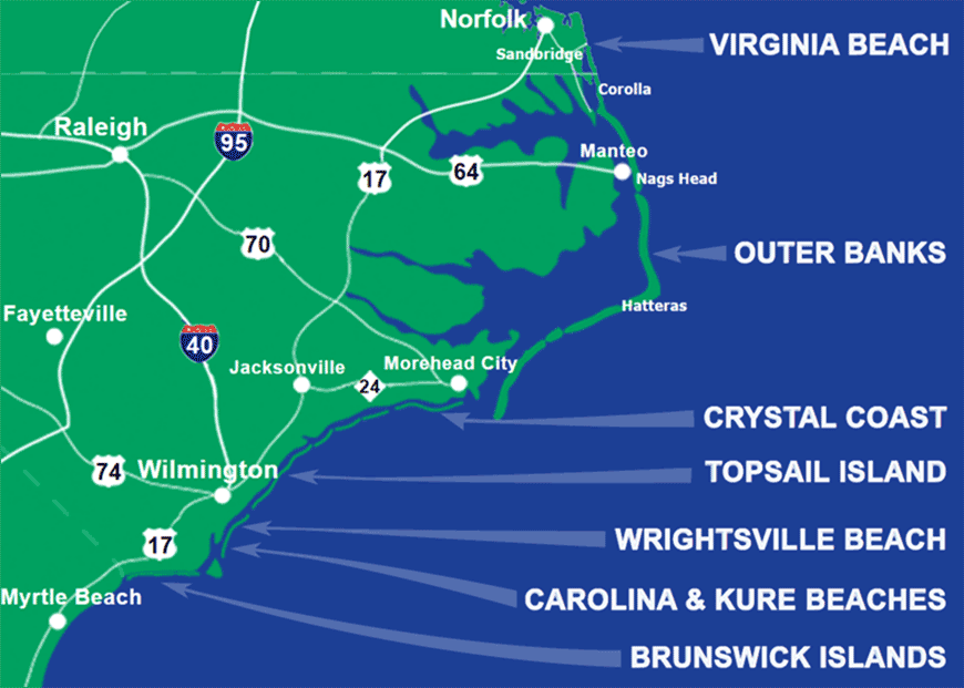 North Carolina Beach Vacation Rental Destinations map